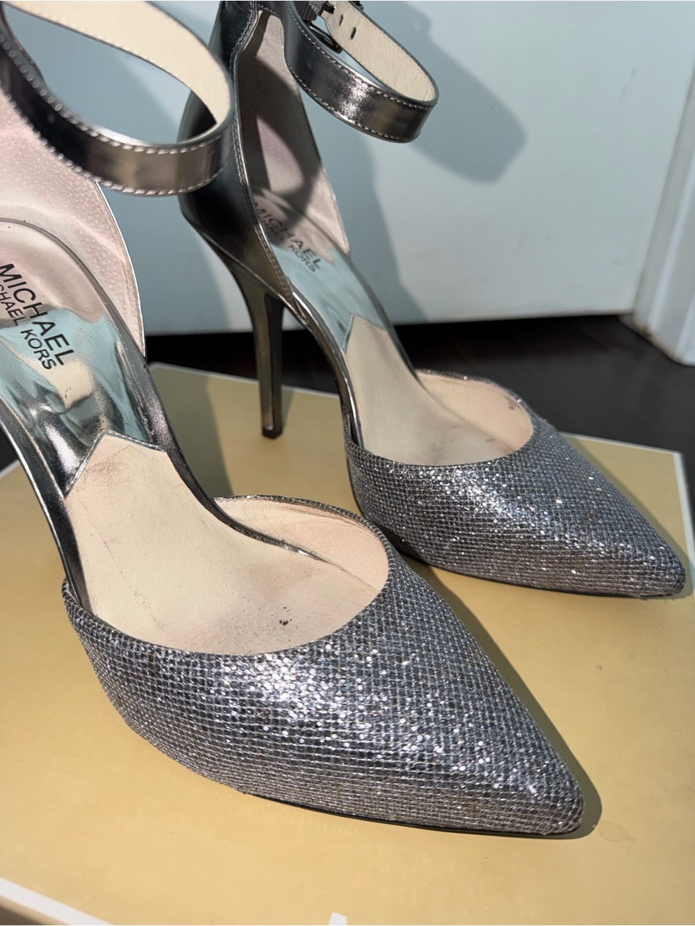 Michael Kors Metallic Silver Glitter Pointed-Toe Ankle-Strap Heels - Picture 3 of 14